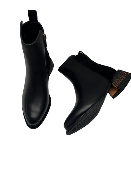 Loretta Vitale C4605 Black Leather & Suede Leopard Print Heel Ankle Boots