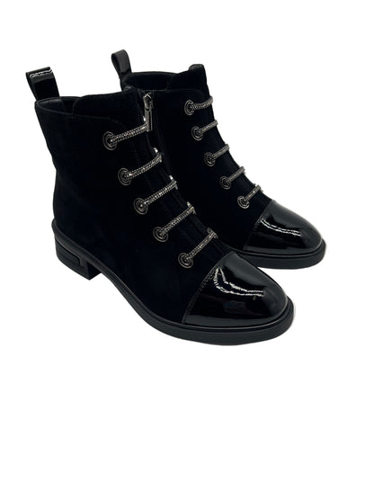 Loretta Vitale C3896 Black Ankle Boots with Patent Toe & Chain Detail