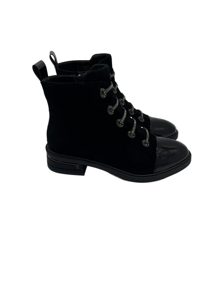 Loretta Vitale C3896 Black Ankle Boots with Patent Toe & Chain Detail