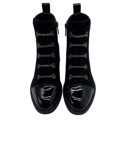 Loretta Vitale C3896 Black Ankle Boots with Patent Toe & Chain Detail