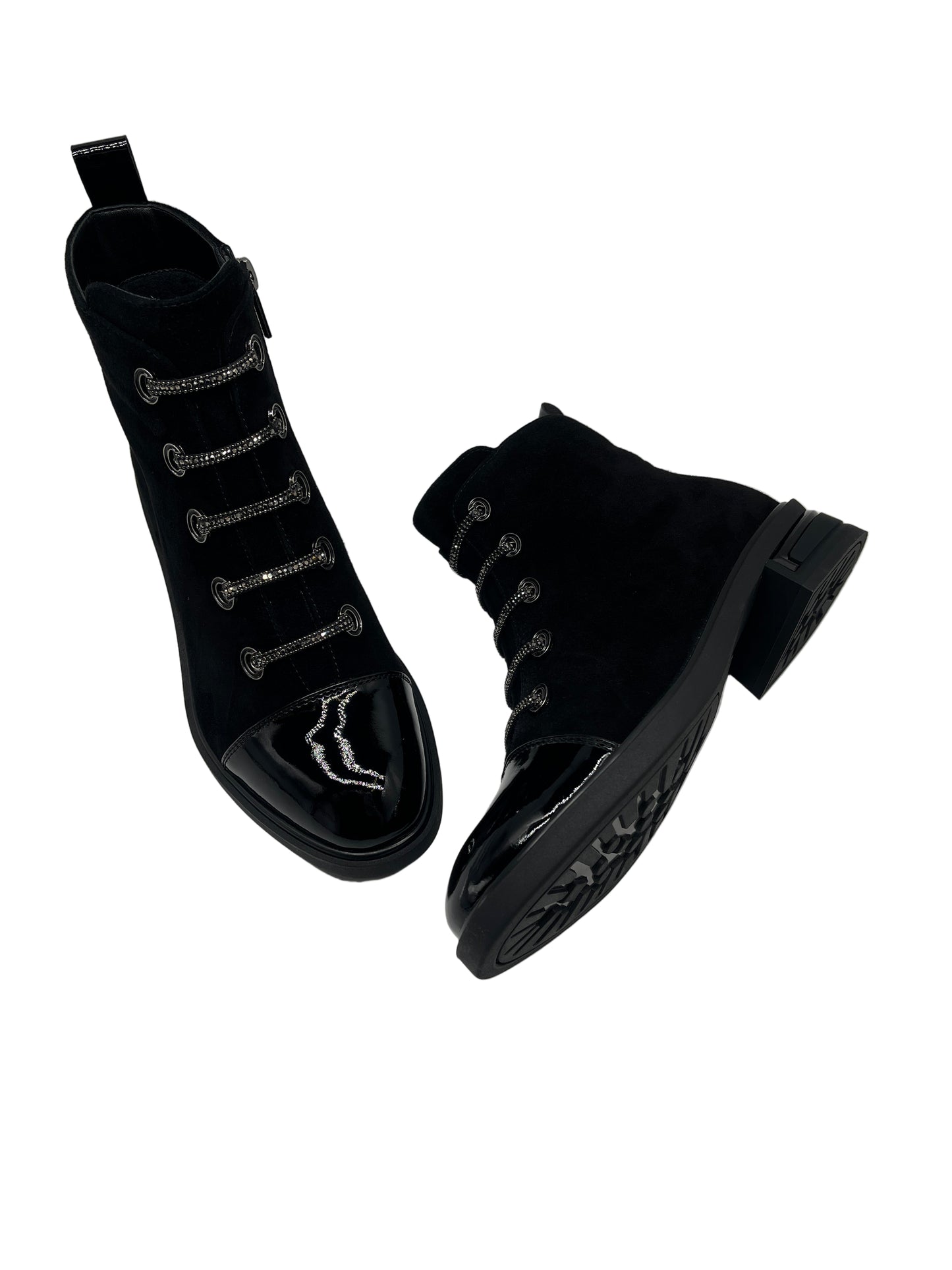 Loretta Vitale C3896 Black Ankle Boots with Patent Toe & Chain Detail