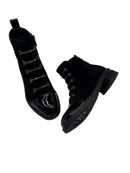 Loretta Vitale C3896 Black Ankle Boots with Patent Toe & Chain Detail