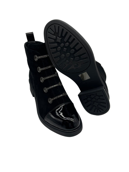 Loretta Vitale C3896 Black Ankle Boots with Patent Toe & Chain Detail