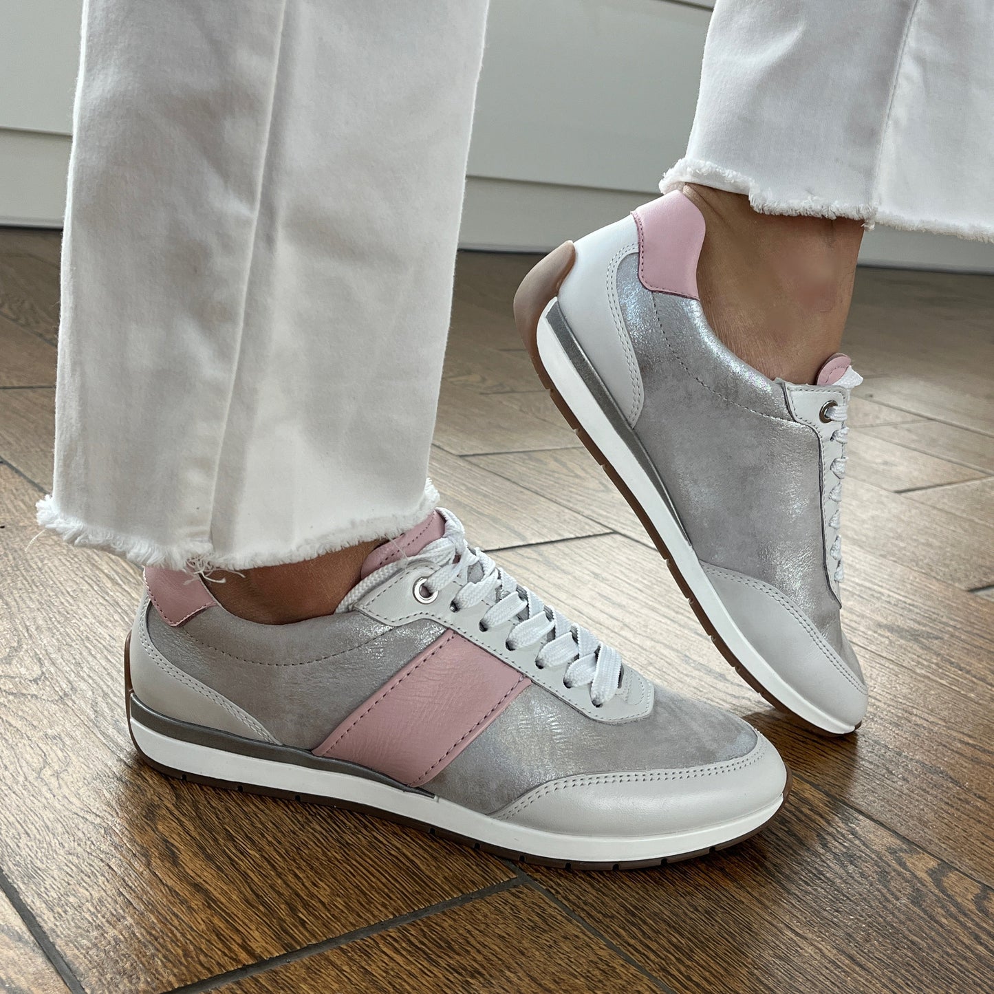 Ara 12-50904 04 Portofino G Fit Silver Metallic & Pink Trainers