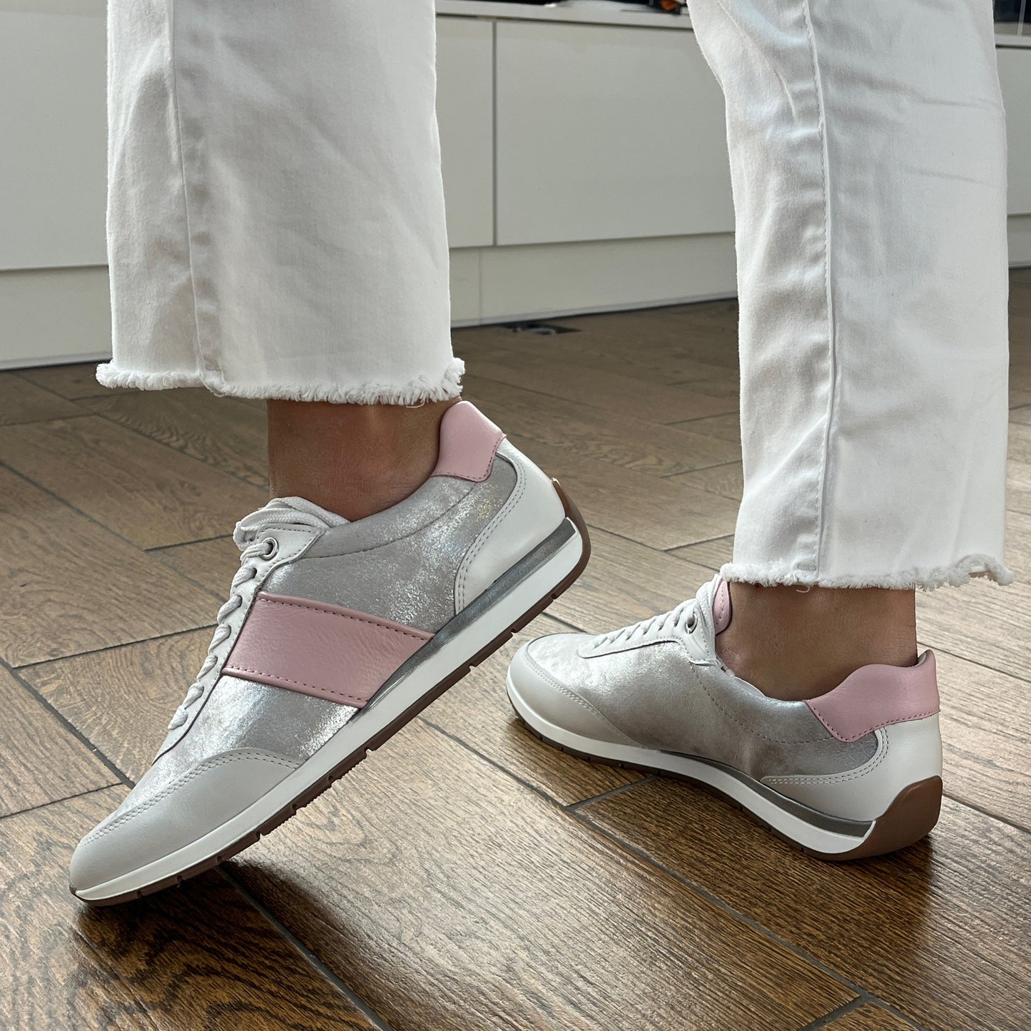 Ara 12-50904 04 Portofino G Fit Silver Metallic & Pink Trainers