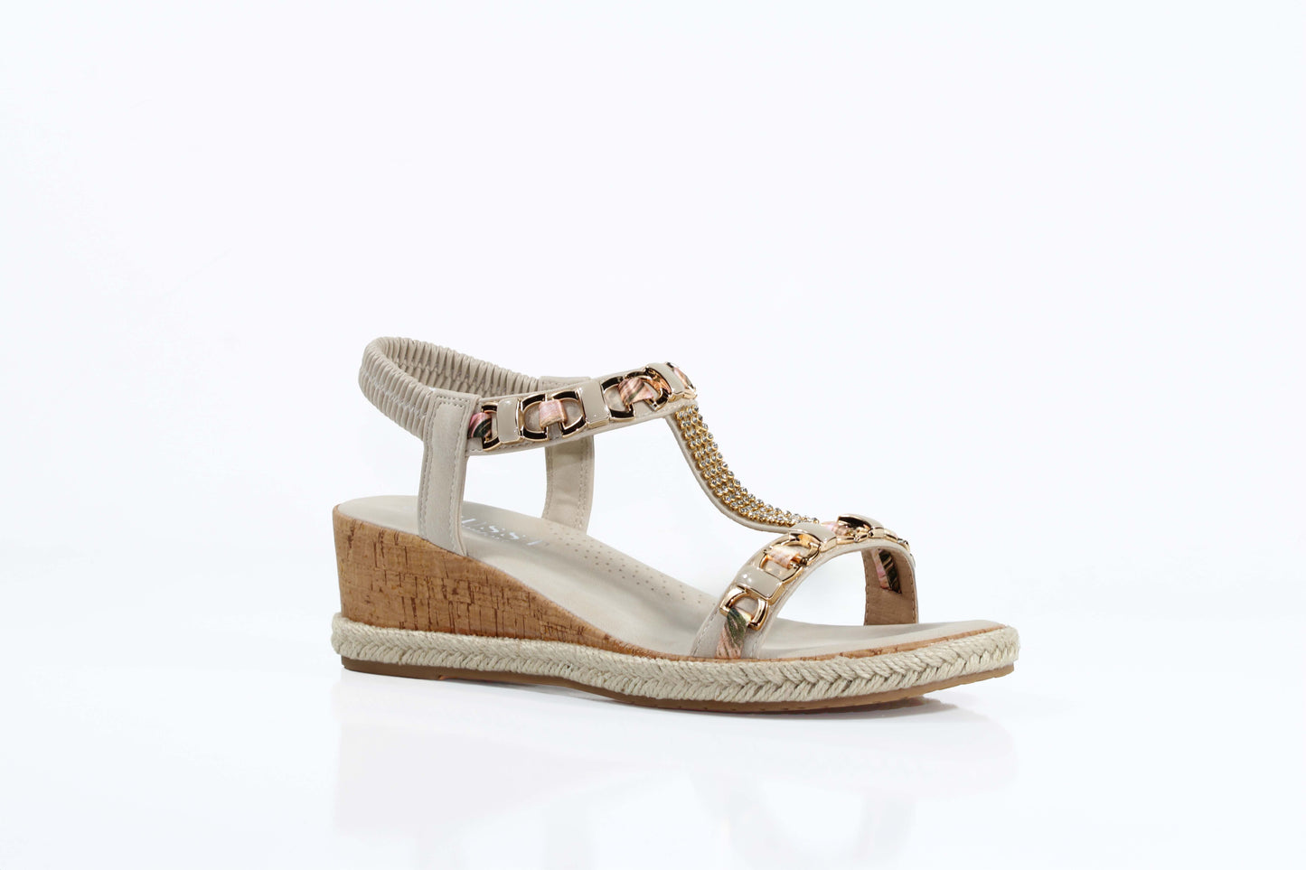 Susst KRYSTAL26 Beige PU Elastic Strap Ornate Wedge Sandals
