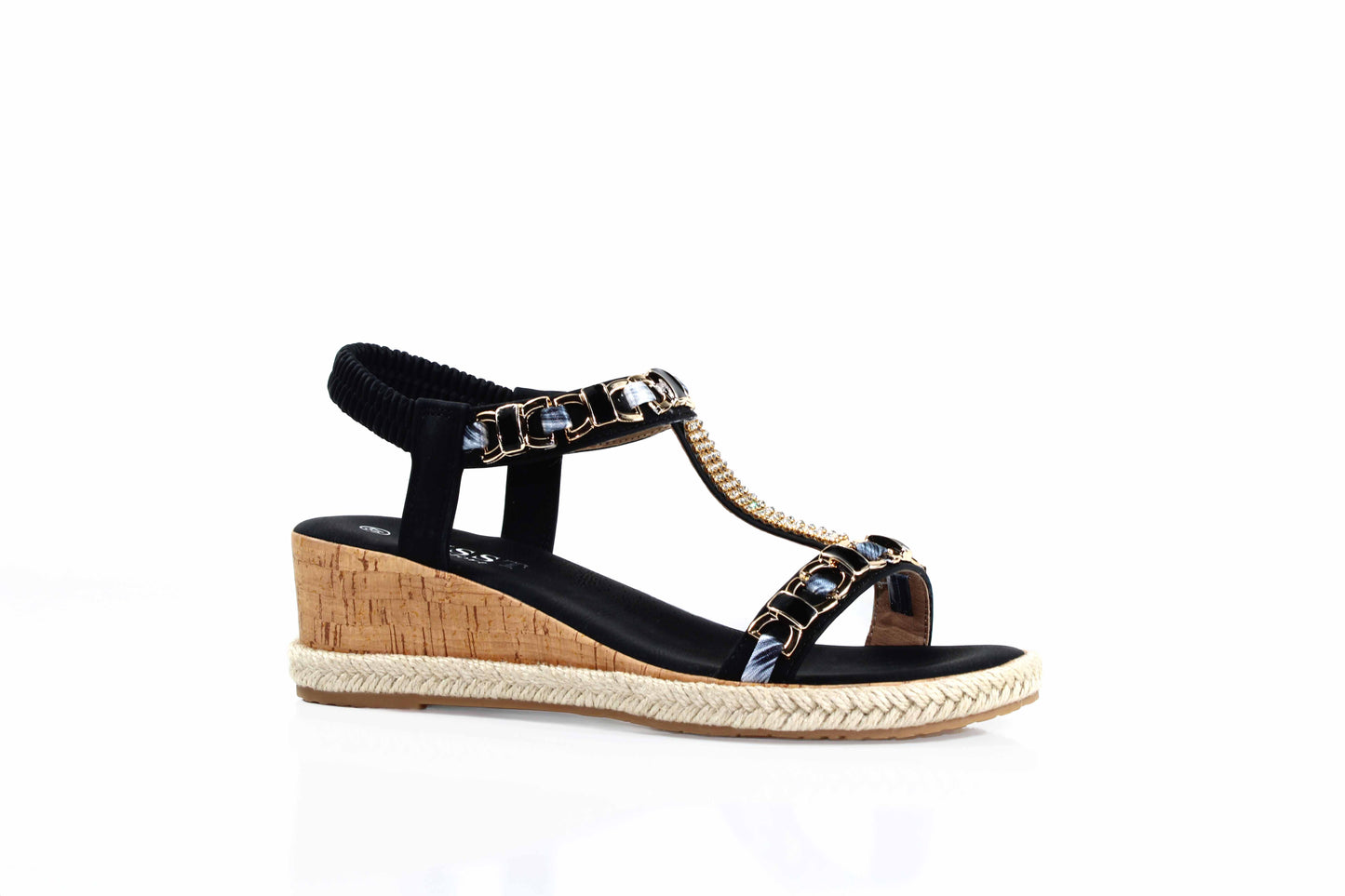 Susst KRYSTAL26 Black PU Elastic Strap Ornate Wedge Sandals