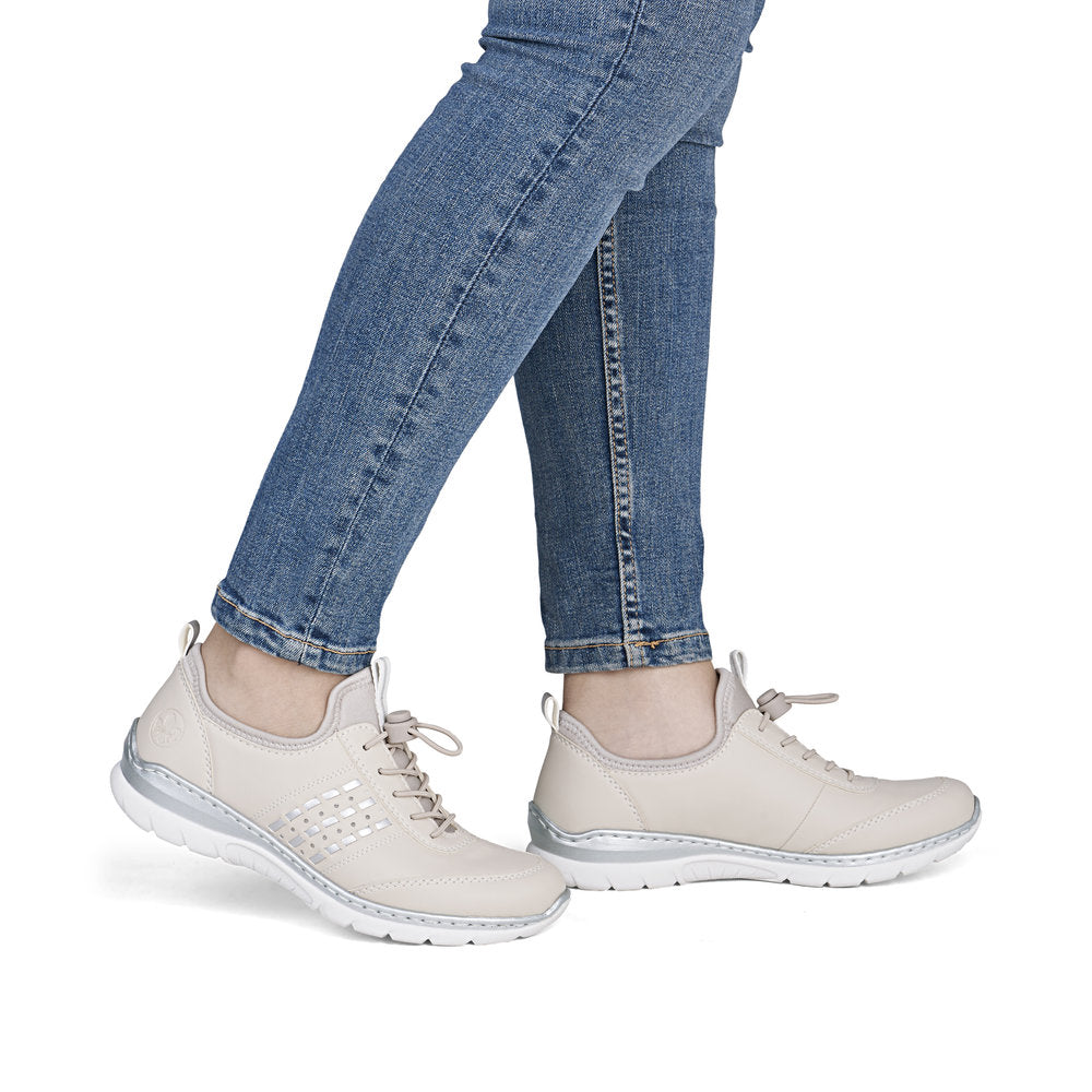 Rieker L3259-60 Ivory Pearl Silver F 1/2 Fit Elastic Speed Lace Shoes