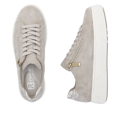 Rieker M7701-60 Beige Suede Sneak Heel Trainer with Zip
