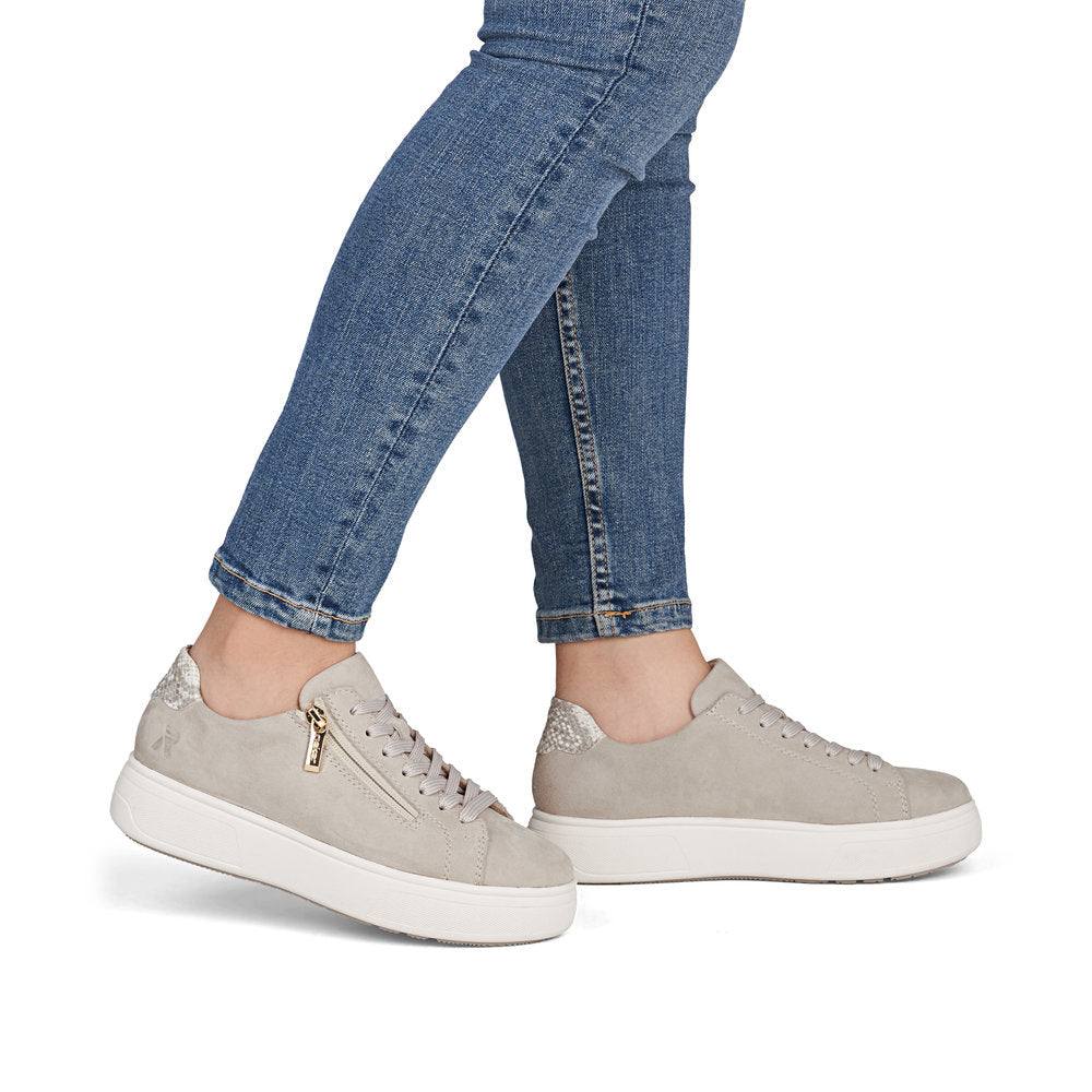Rieker M7701-60 Beige Suede Sneak Heel Trainer with Zip