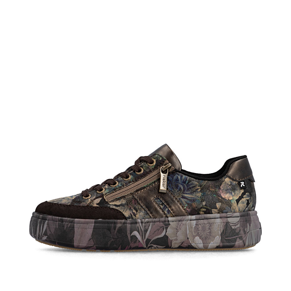 Rieker M7711-26 Nougat Brown & Black Multi Floral Trainers