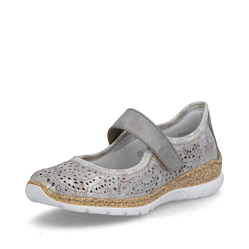 Rieker N4299-90 Grey Silver Flower F 1/2 Fit Velcro Shoes