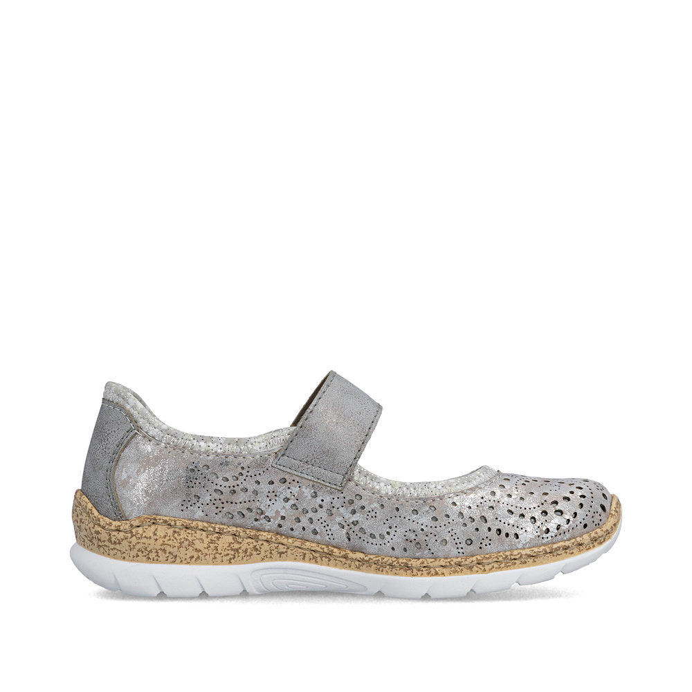 Rieker N4299-90 Grey Silver Flower F 1/2 Fit Velcro Shoes