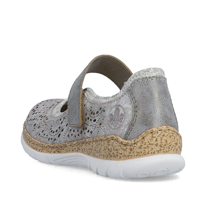 Rieker N4299-90 Grey Silver Flower F 1/2 Fit Velcro Shoes