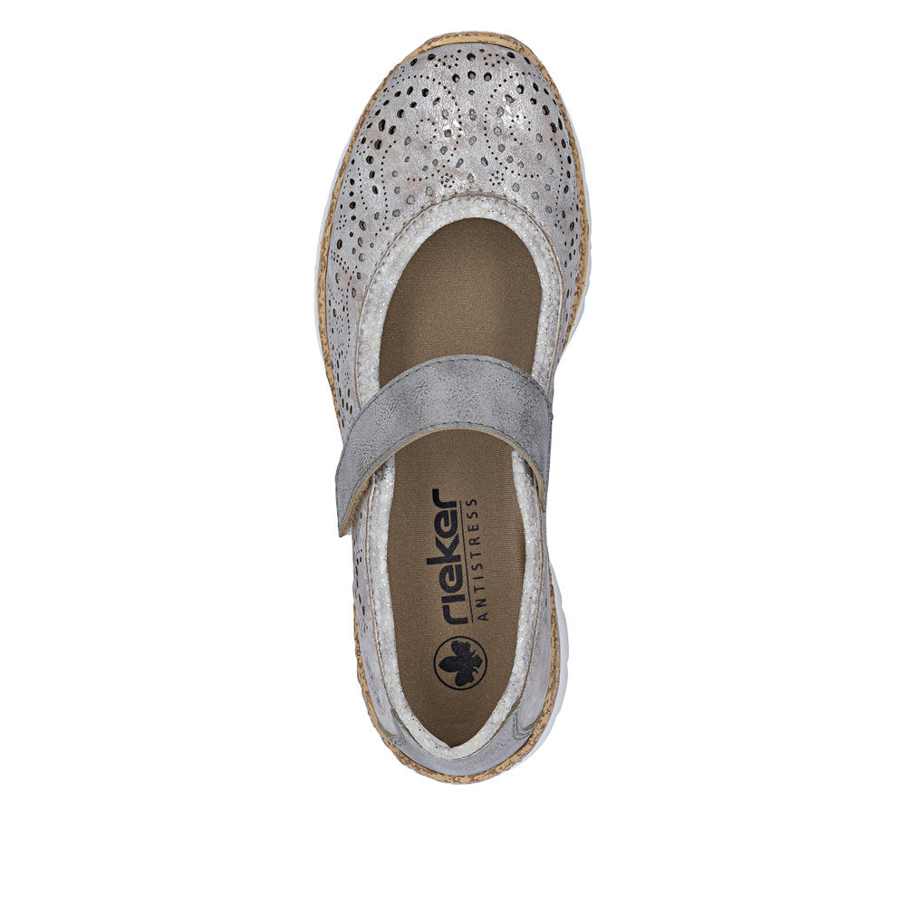 Rieker N4299-90 Grey Silver Flower F 1/2 Fit Velcro Shoes