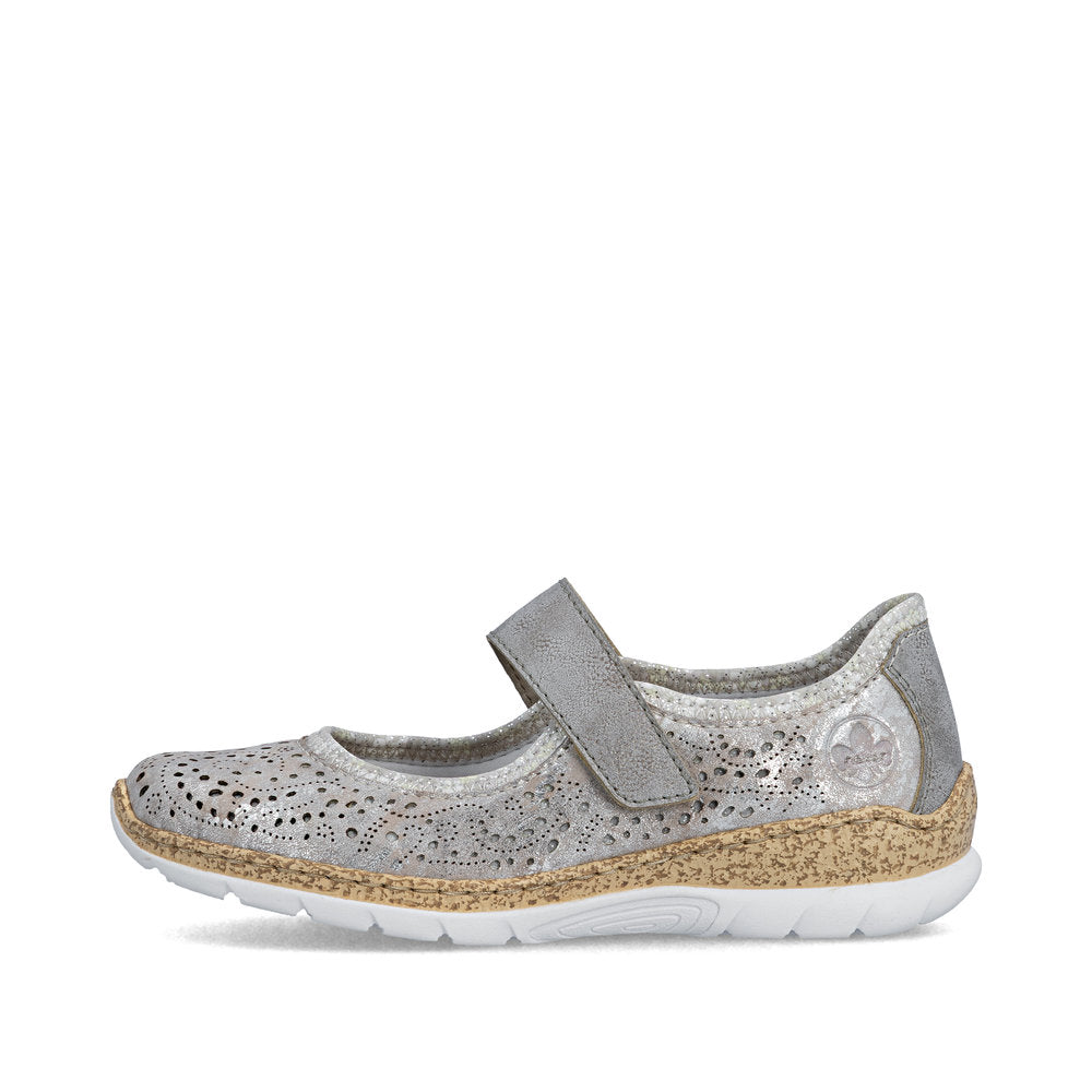 Rieker N4299-90 Grey Silver Flower F 1/2 Fit Velcro Shoes
