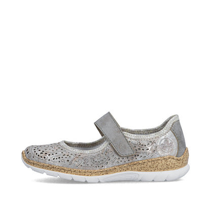Rieker N4299-90 Grey Silver Flower F 1/2 Fit Velcro Shoes