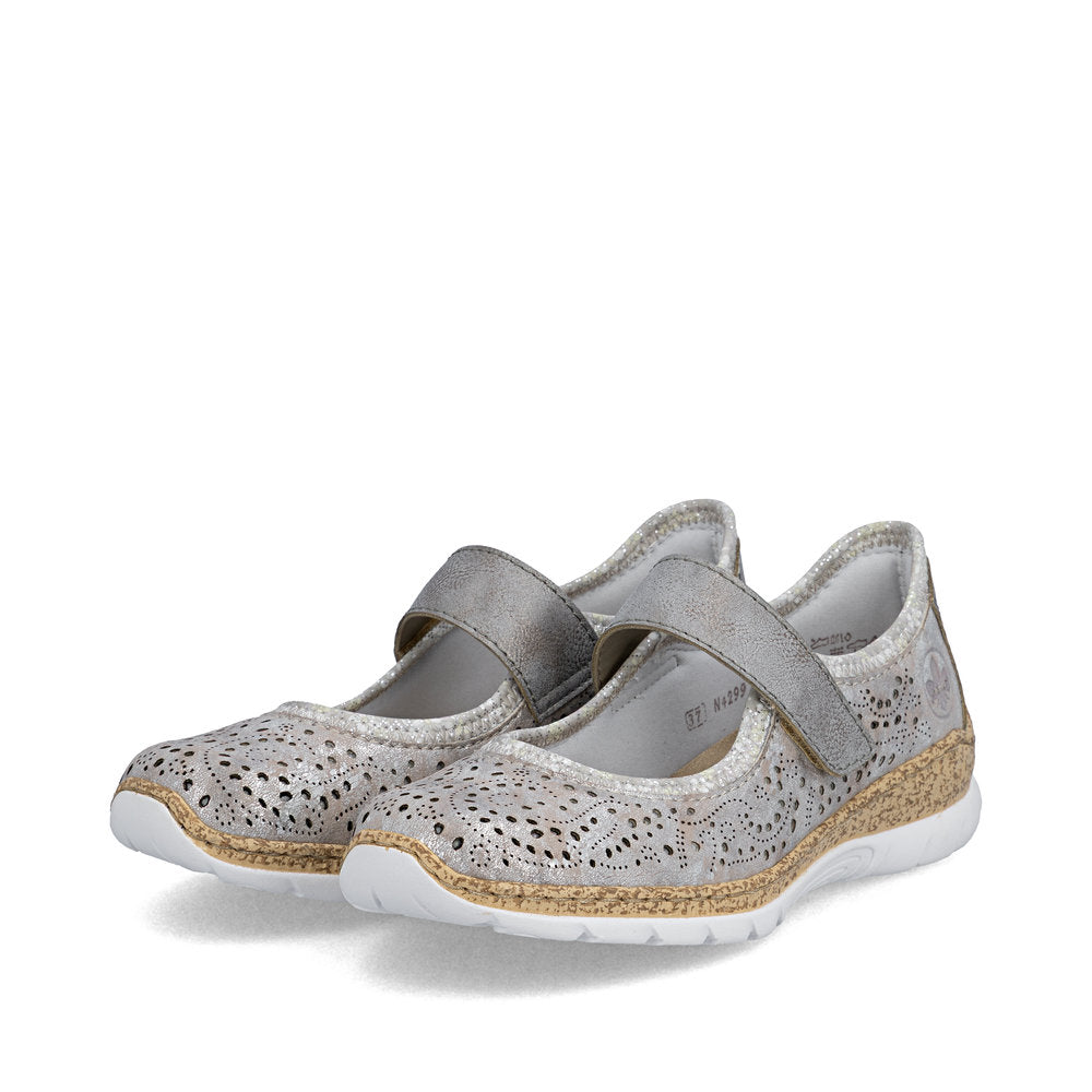 Rieker N4299-90 Grey Silver Flower F 1/2 Fit Velcro Shoes
