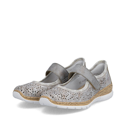 Rieker N4299-90 Grey Silver Flower F 1/2 Fit Velcro Shoes