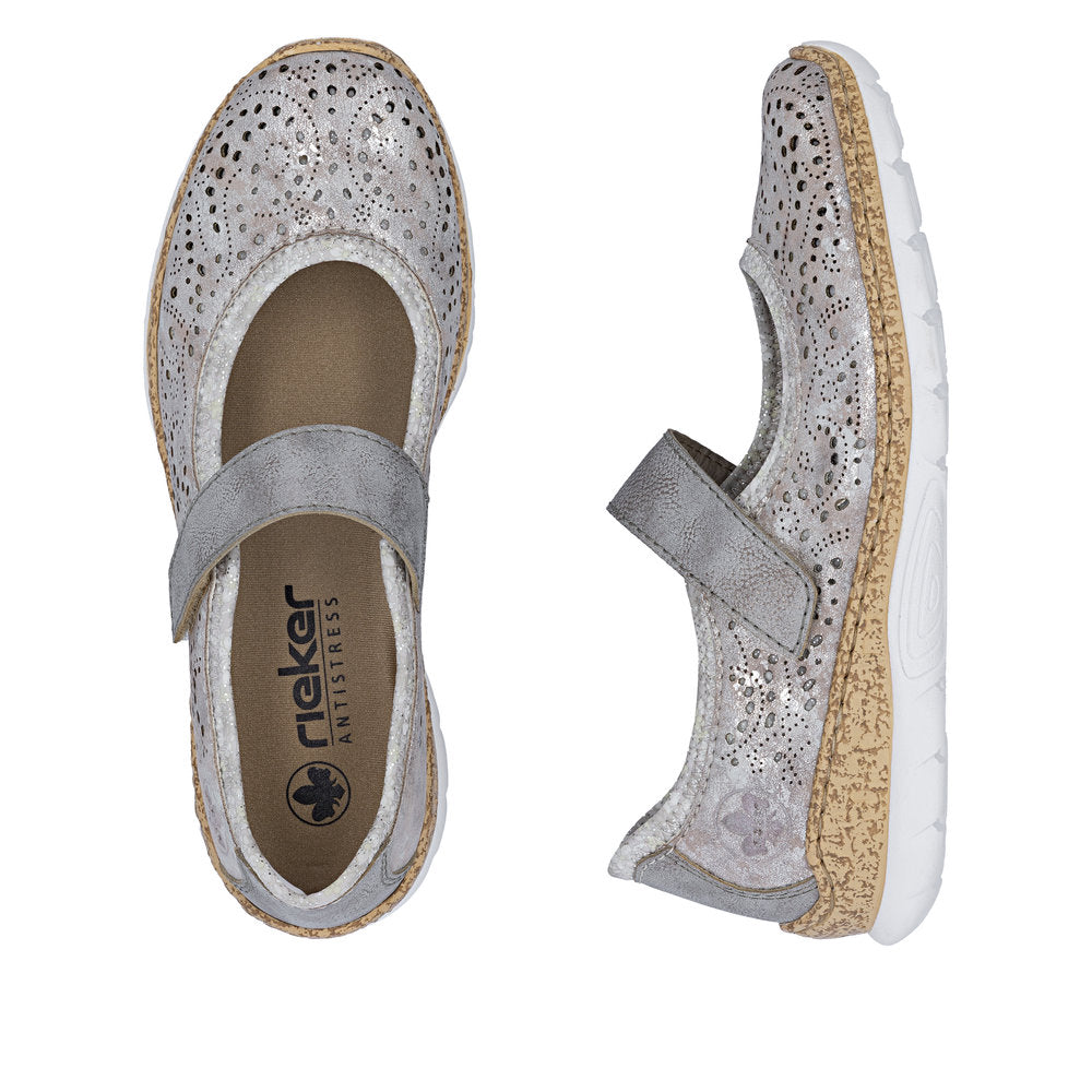 Rieker N4299-90 Grey Silver Flower F 1/2 Fit Velcro Shoes