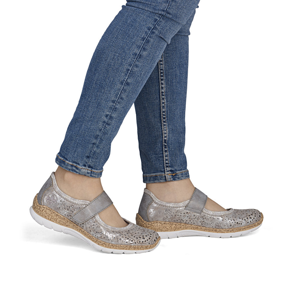 Rieker N4299-90 Grey Silver Flower F 1/2 Fit Velcro Shoes