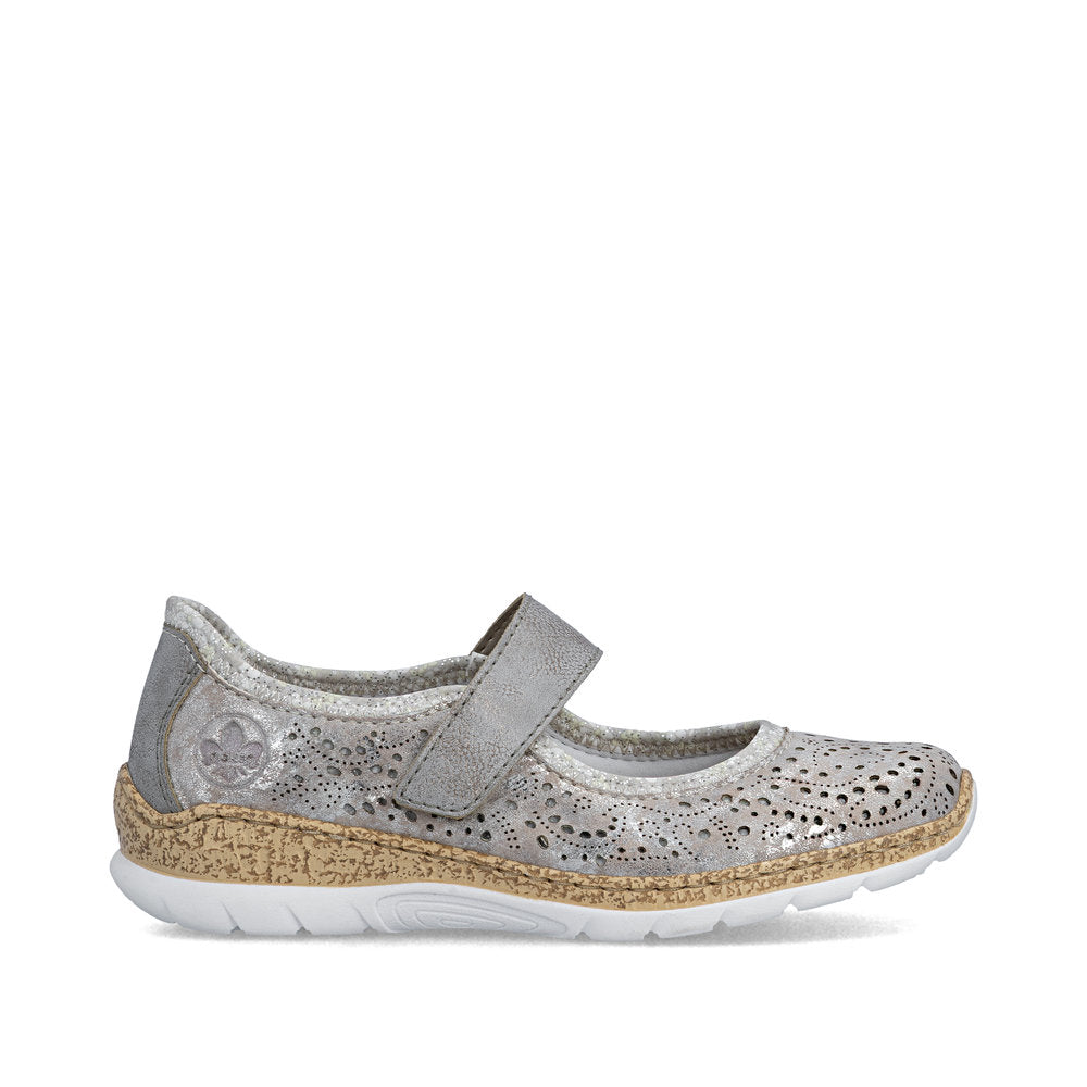 Rieker N4299-90 Grey Silver Flower F 1/2 Fit Velcro Shoes