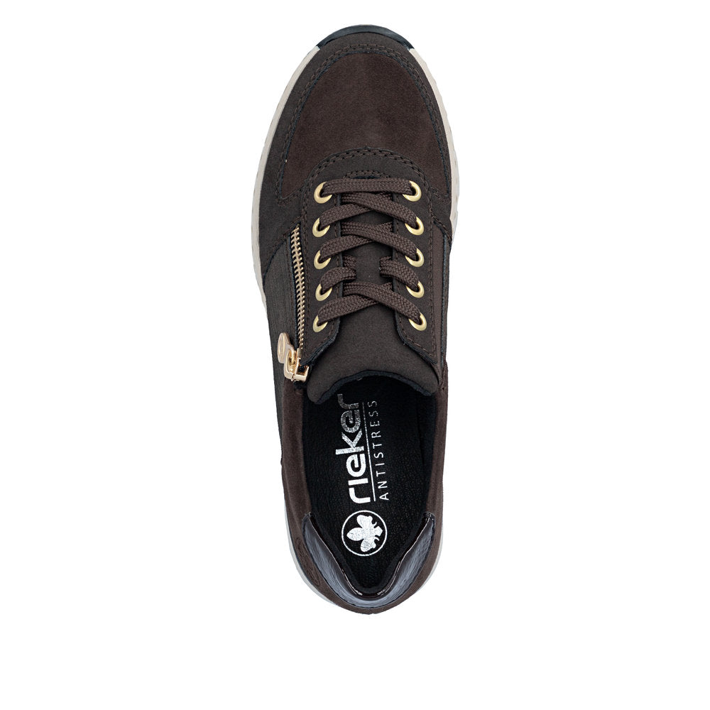 Rieker N6314-25 Brown & Gold Zip Wedge Trainers
