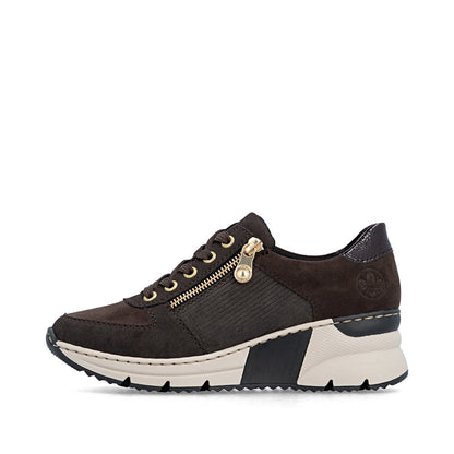 Rieker N6314-25 Brown & Gold Zip Wedge Trainers
