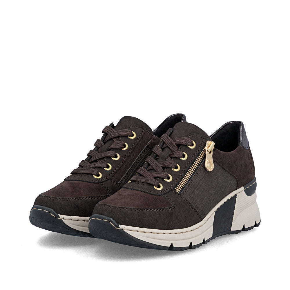 Rieker N6314-25 Brown & Gold Zip Wedge Trainers
