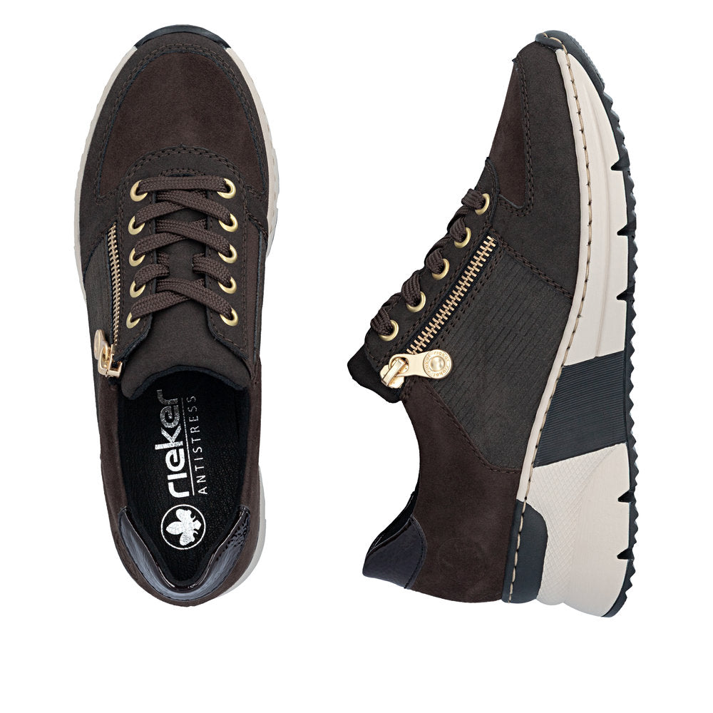 Rieker N6314-25 Brown & Gold Zip Wedge Trainers