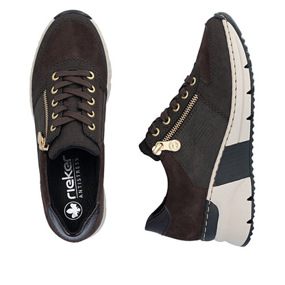 Rieker N6314-25 Brown & Gold Zip Wedge Trainers
