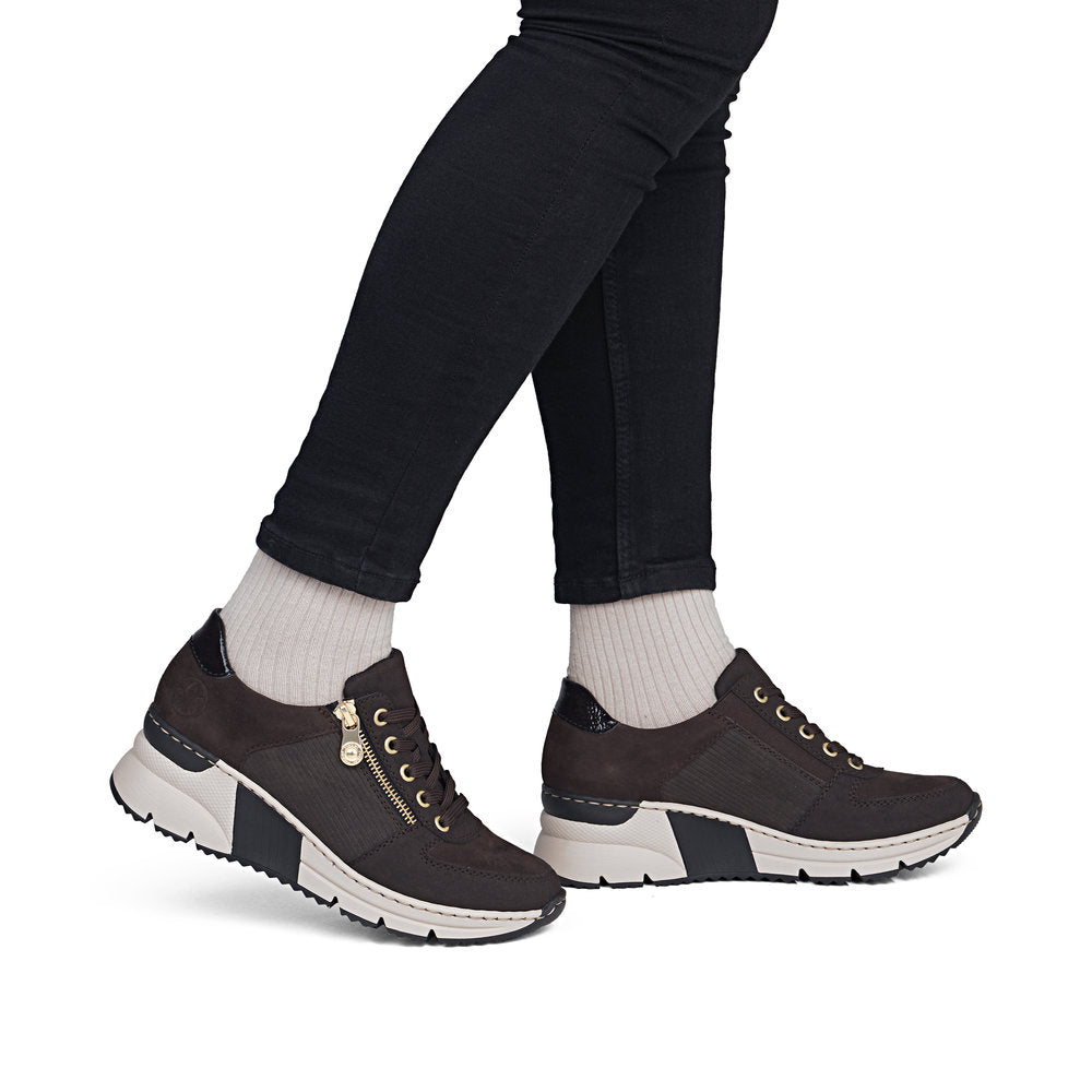 Rieker N6314-25 Brown & Gold Zip Wedge Trainers