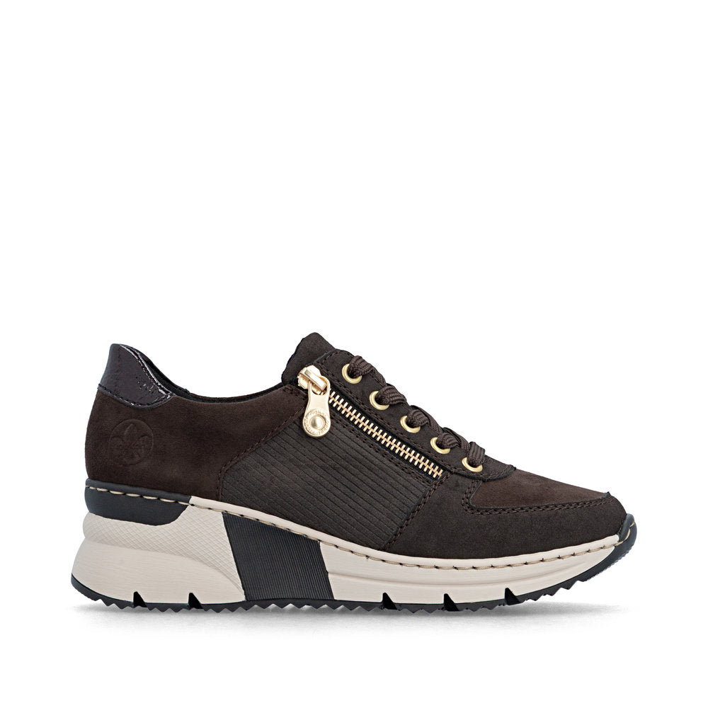 Rieker N6314-25 Brown & Gold Zip Wedge Trainers