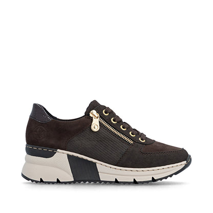 Rieker N6314-25 Brown & Gold Zip Wedge Trainers