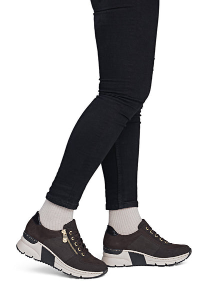 Rieker N6314-25 Brown & Gold Zip Wedge Trainers