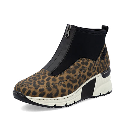Rieker N6352-90 Brown Leopard & Black G Fit Front Zip Boots