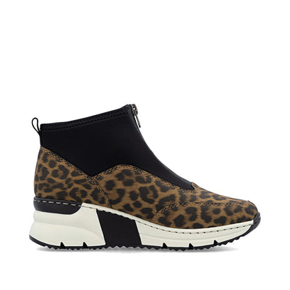 Rieker N6352-90 Brown Leopard & Black G Fit Front Zip Boots