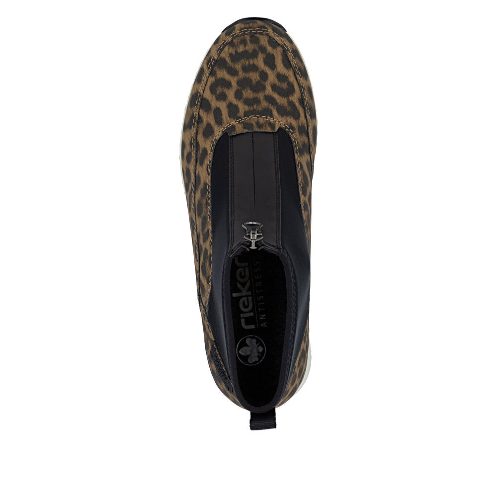 Rieker N6352-90 Brown Leopard & Black G Fit Front Zip Boots
