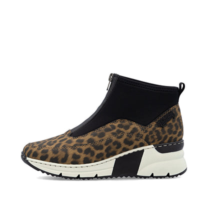 Rieker N6352-90 Brown Leopard & Black G Fit Front Zip Boots