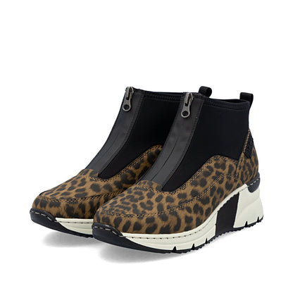 Rieker N6352-90 Brown Leopard & Black G Fit Front Zip Boots