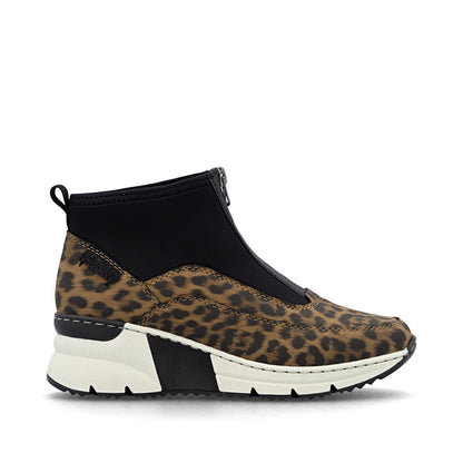 Rieker N6352-90 Brown Leopard & Black G Fit Front Zip Boots