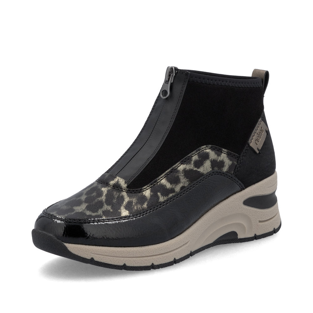 Rieker N9362-00 Black & Gold Combi Front Zip Ankle Boots