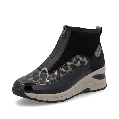 Rieker N9362-00 Black & Gold Combi Front Zip Ankle Boots