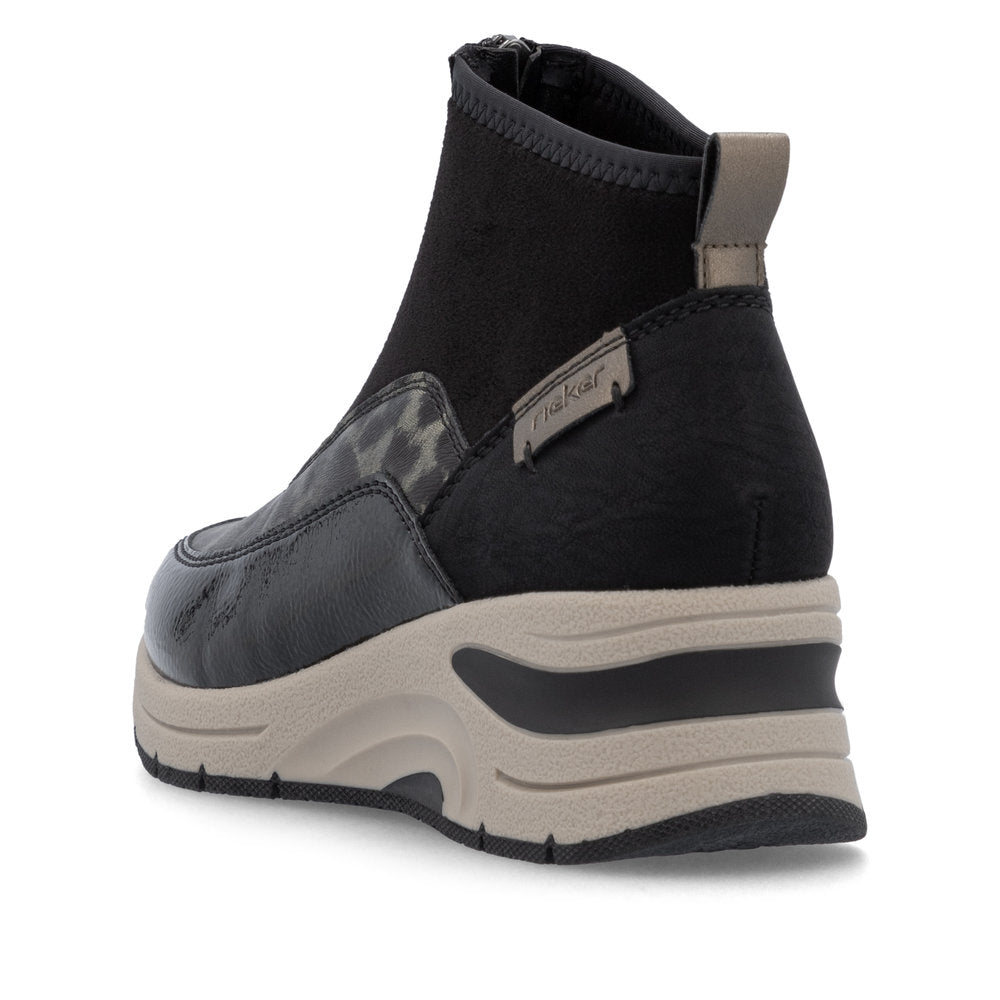 Rieker N9362-00 Black & Gold Combi Front Zip Ankle Boots
