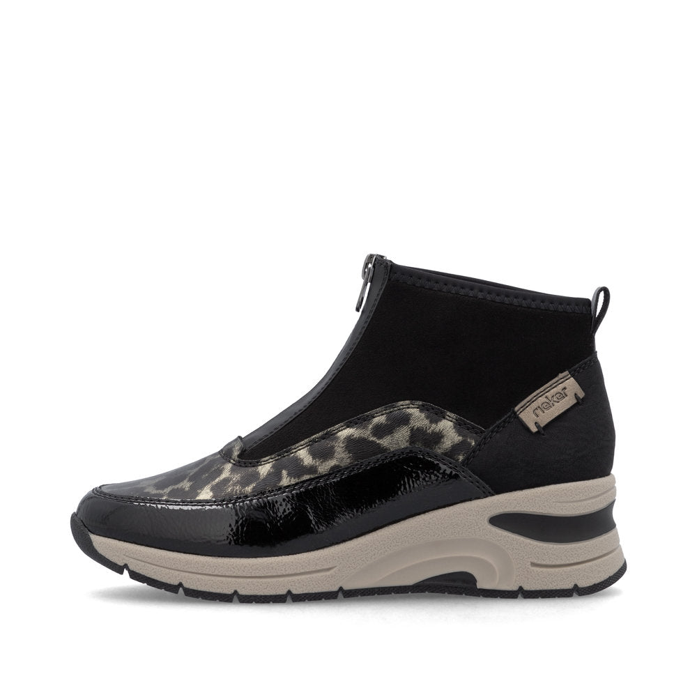 Rieker N9362-00 Black & Gold Combi Front Zip Ankle Boots