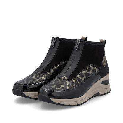 Rieker N9362-00 Black & Gold Combi Front Zip Ankle Boots