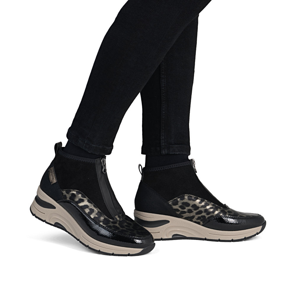 Rieker N9362-00 Black & Gold Combi Front Zip Ankle Boots