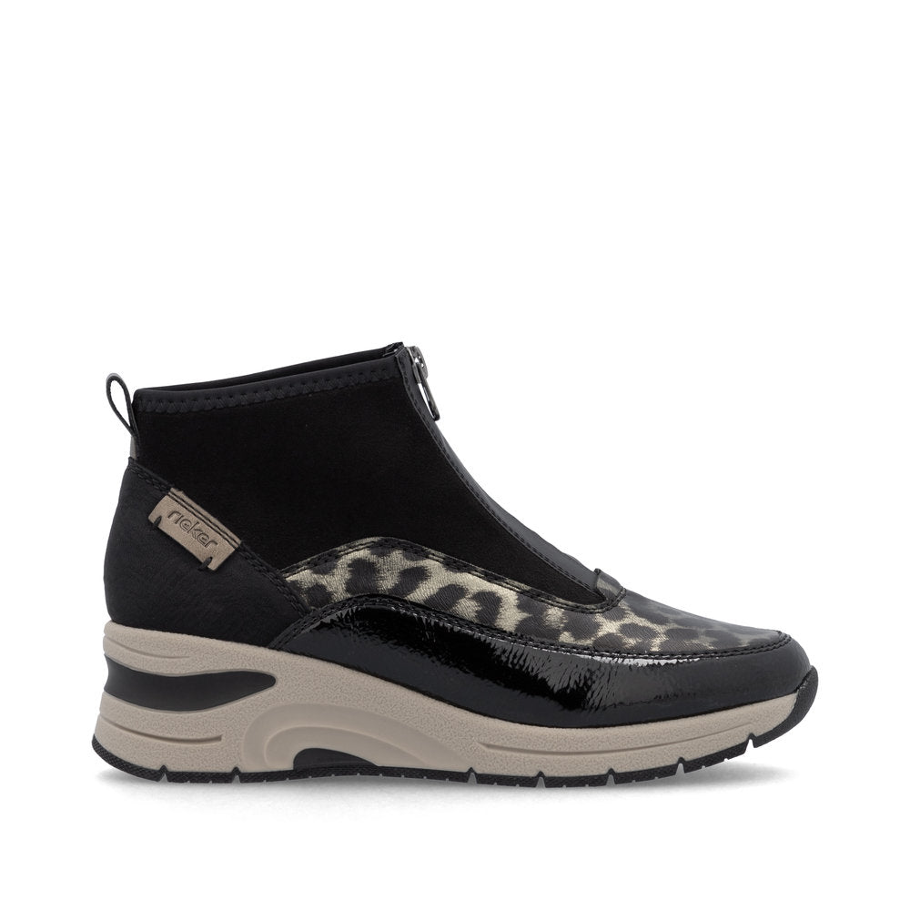 Rieker N9362-00 Black & Gold Combi Front Zip Ankle Boots