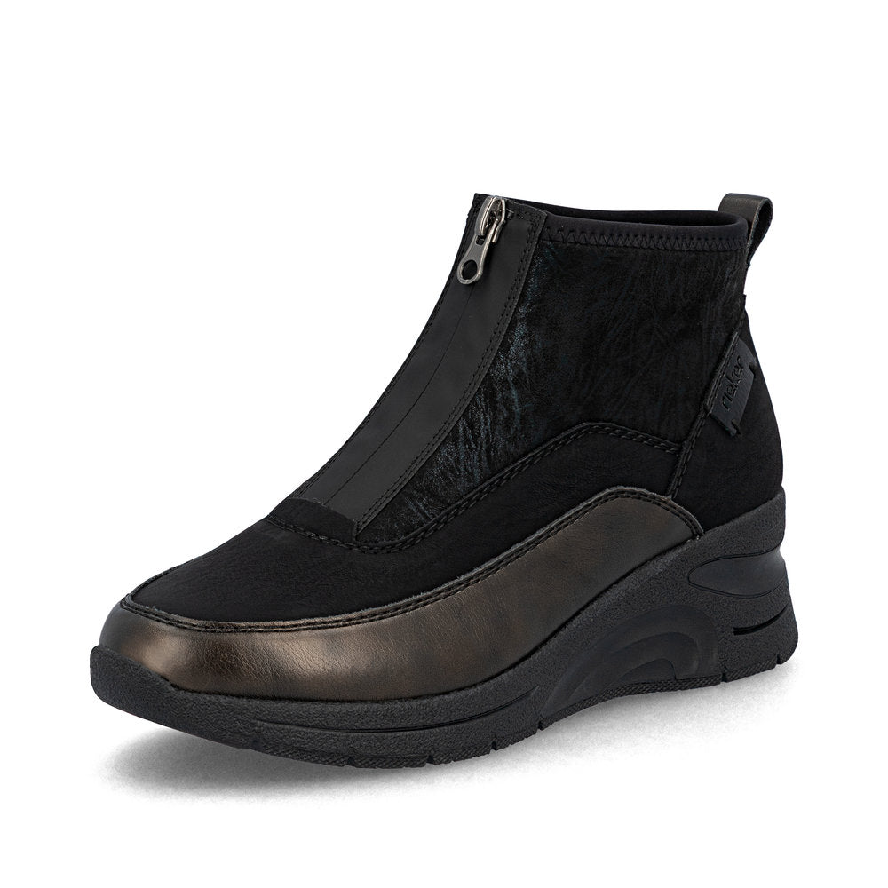 Rieker N9362-01 Black & Bronze Boots with Front Zip