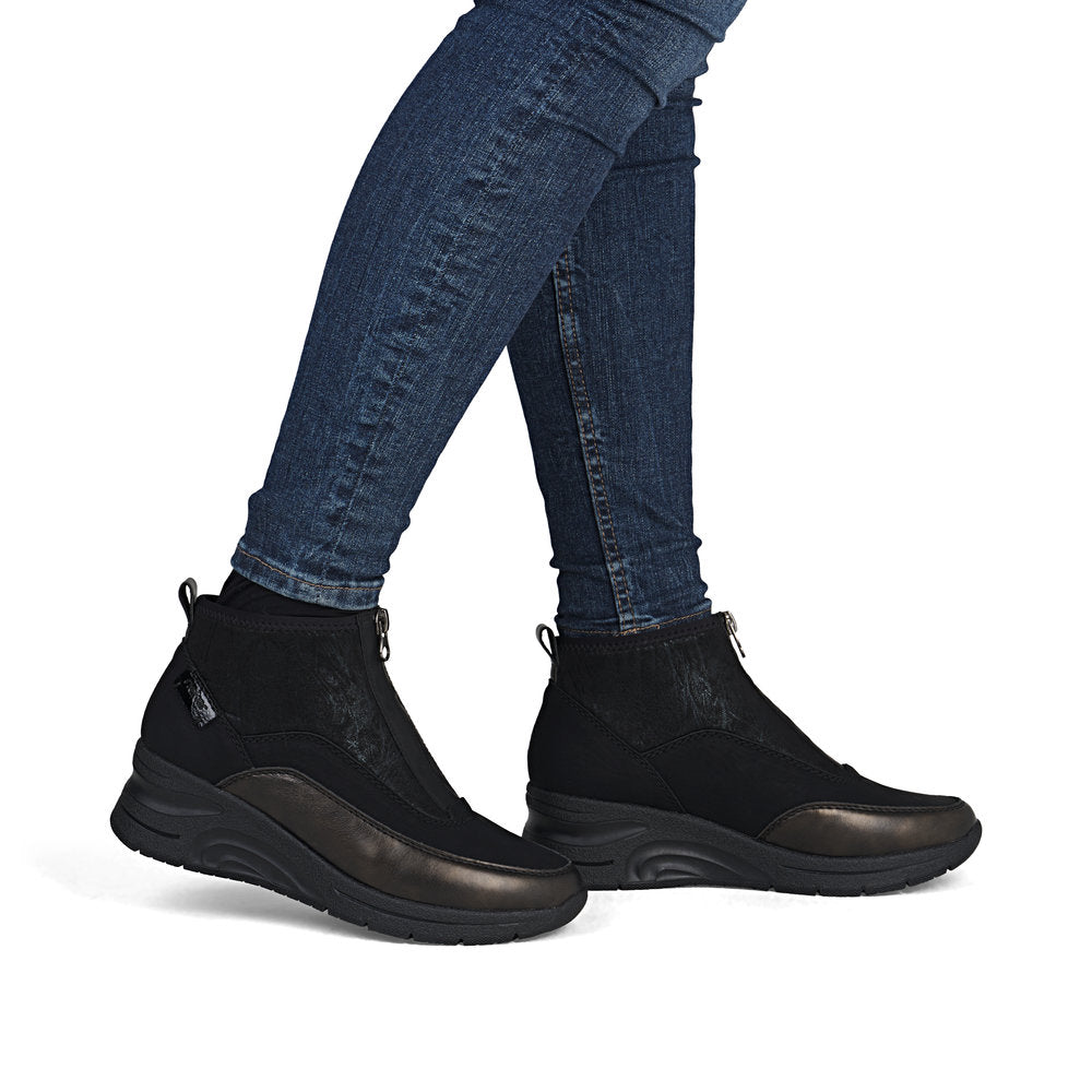 Rieker N9362-01 Black & Bronze Boots with Front Zip